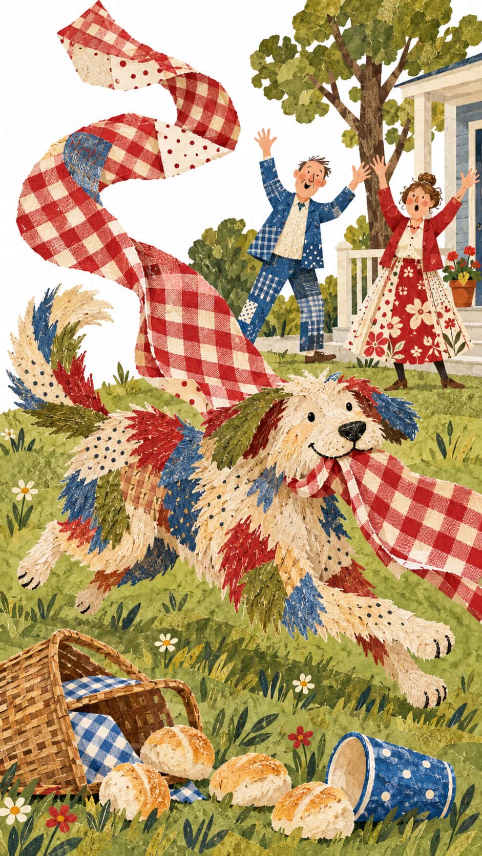 A shaggy dog sprints across a lawn with a red checked picnic blanket in its jaws past a spilled roll basket and two surprised neighbours in front of a porch in folk patchwork.