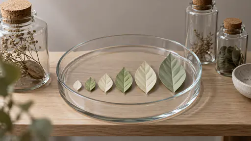 A shallow clear glass specimen dish on a pale wooden shelf holds a row of six cut paper leaves arranged from small to large in cream and green, evenly spaced with clean fold lines.