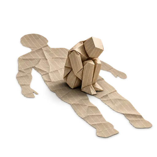 Shame folds you smaller. A faceless paper figure hunches into a small folded shape, resting inside the larger flat outline of its former standing self spread on the ground. Self-consciousness can make someone withdraw from view.