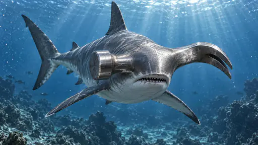 Hammerhead: a frontal three-quarter view of a shark underwater whose head is a real brushed-steel claw hammer set crosswise across its body, striking face to one side and split claw to the other, its grey counter-shaded body, fins and tail continuing coherently behind under cool filtered light.