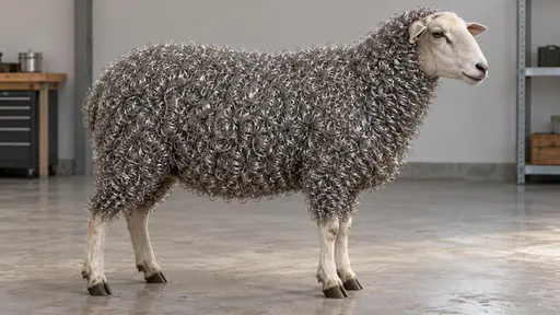 A lone sheep seen from the side in a clean workshop, its whole body covered in dense springy coils of fine steel wool in place of fleece, its face and lower legs keeping natural short wool-free features under soft studio light.