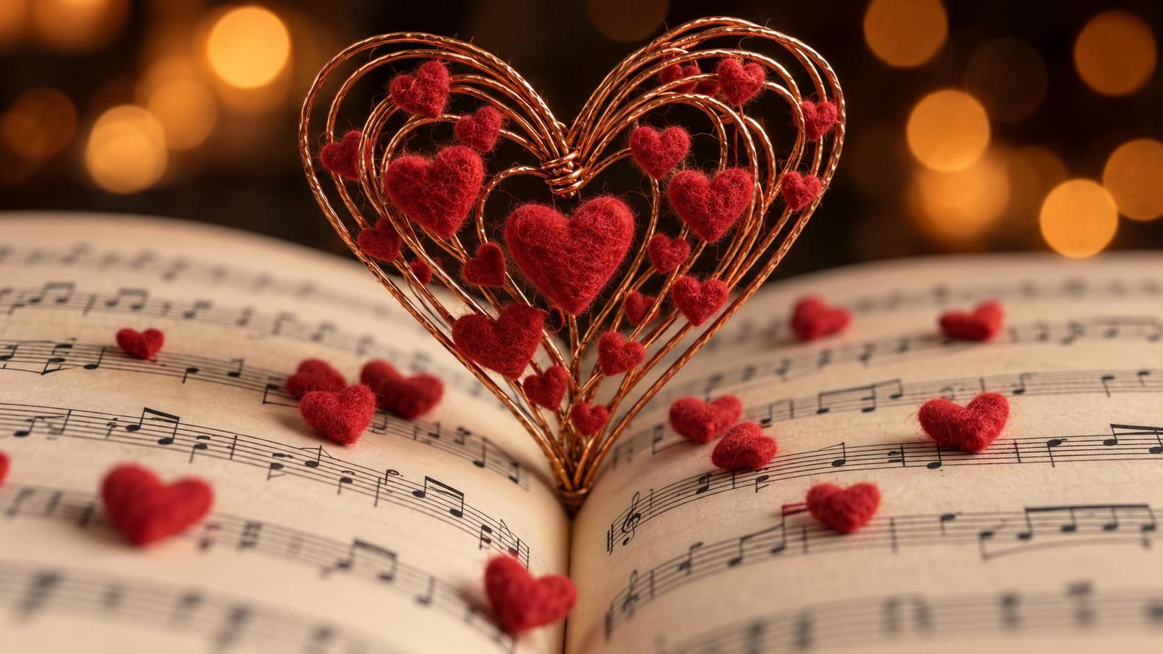 An open book of sheet music with a copper wire heart standing in the gutter filled with tiny red felt hearts and more small hearts on the pages under large warm orange bokeh circles.