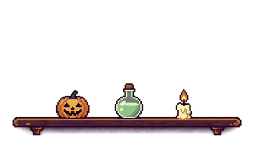 Pixel-art Halloween gaming screen border: a narrow dark-plum shelf with warm amber trim carries a small carved jack-o-lantern, a plain unlabeled potion bottle and a lit candle along the bottom, leaving the centre of the frame fully transparent for gameplay. Transparent-background overlay asset.