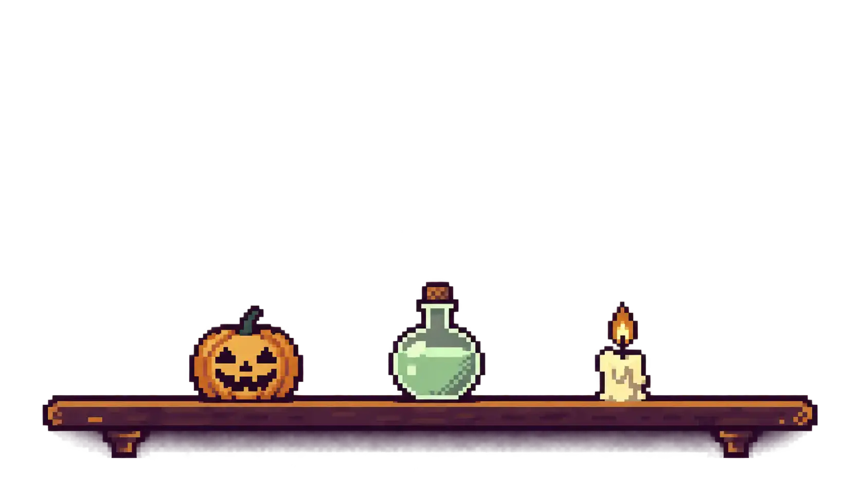 Pixel-art Halloween gaming screen border: a narrow dark-plum shelf with warm amber trim carries a small carved jack-o-lantern, a plain unlabeled potion bottle and a lit candle along the bottom, leaving the centre of the frame fully transparent for gameplay. Transparent-background overlay asset.