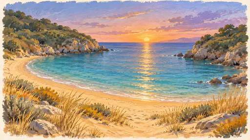 A small curved cove of golden sand between two rounded green headlands with calm turquoise water at sunset in soft gouache with a brushed border.