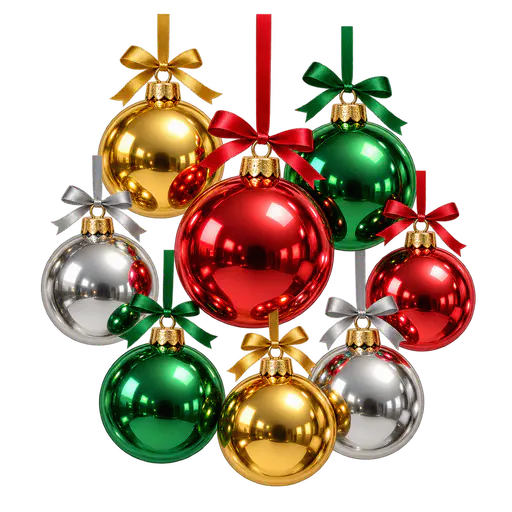 A cluster of eight shiny round Christmas baubles in red, gold, green and silver with small gold caps hanging on ribbons with small bows, on a transparent background.