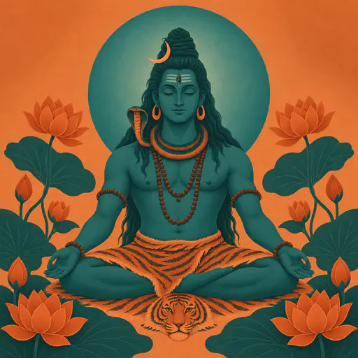 Shiva sits in deep meditation on a tiger skin mat with a crescent moon, a third eye and ash marks framed by oversized teal lotus leaves and burnt orange blossoms in a flat two colour palette.