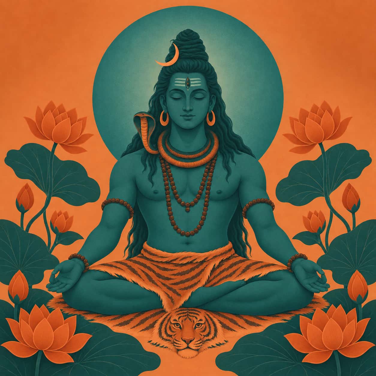Shiva sits in deep meditation on a tiger skin mat with a crescent moon, a third eye and ash marks framed by oversized teal lotus leaves and burnt orange blossoms in a flat two colour palette.