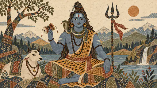 Shiva sits cross legged playing a small hourglass drum with a trident at his side, a crescent moon, a third eye and a snake around his neck in earthy folk patchwork panels.