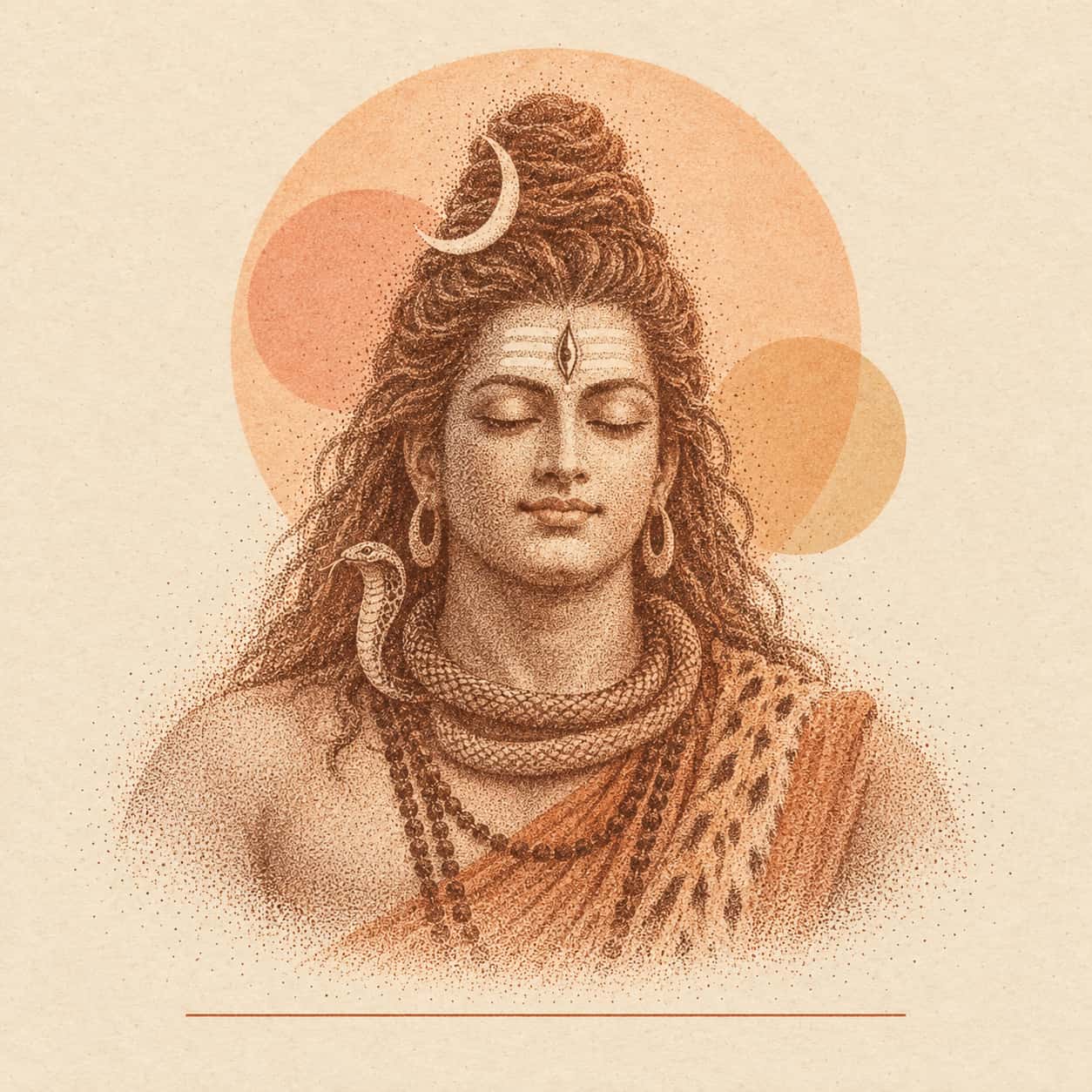A serene portrait of Shiva shows a third eye, a crescent moon in swept up matted hair, ash marks and a snake around his neck against a large apricot disc in rust stipple.
