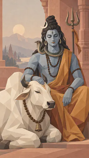 Shiva sits serenely with a hand on the head of Nandi the resting white bull with a crescent moon, a third eye and a trident against a dusty rose temple wall in muted geometric planes.