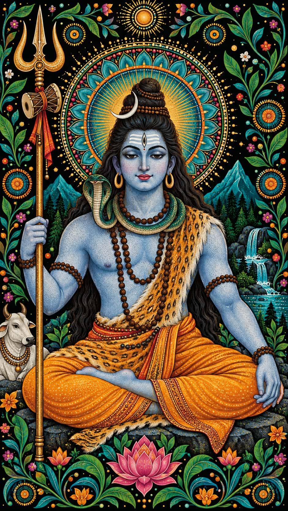 Shiva sits serenely with a third eye, a crescent moon in matted hair and a snake at his neck holding a trident with a small drum before a dotted sunburst halo on a black ground in folk art.