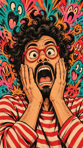 A man with wild dark curls and round red glasses clasps his cheeks in comic shock in a striped shirt before a teal pink and orange wall of abstract doodle faces.