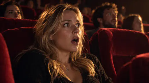 A blonde woman reacting with a shocked expression, seated among red cinema seats.