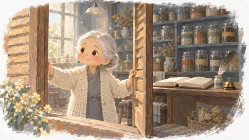 A very small elderly woman with a silver-white low bun, jade earrings and a cream cardigan pushes open wooden shutters of a cosy shop lined with colour-banded glass jars, a blank ledger and a feather pen waiting open on the counter in warm morning light.