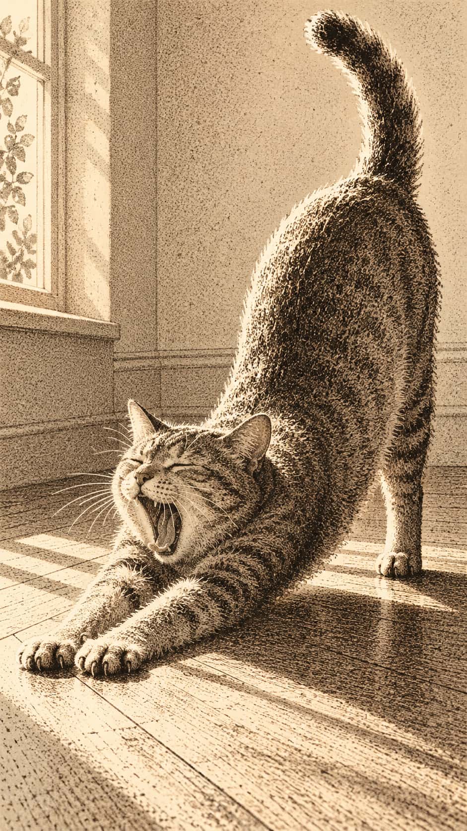 An adult short-haired cat stretches on a wooden floor with extended front paws, an arched back and a raised tail with a long cast shadow in sepia dot engraving.
