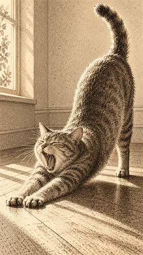 An adult short-haired cat stretches on a wooden floor with extended front paws, an arched back and a raised tail with a long cast shadow in sepia dot engraving.