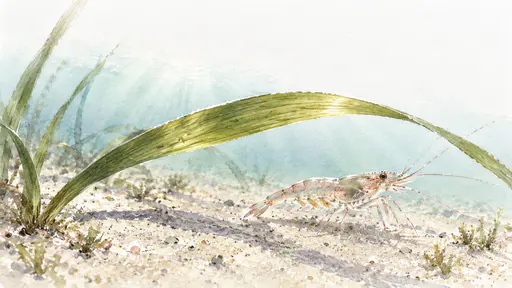 A shrimp passes beneath a long arching marine plant blade in transparent olive, blush and grey watercolor layers with paper-white reserves.