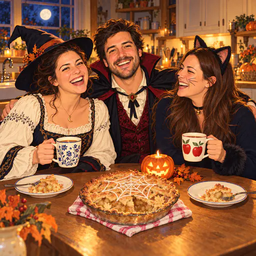 Three adult siblings in witch, black cat and vampire costumes laugh around a kitchen table with an apple pie decorated with a candy spider web and a jack o lantern candle.