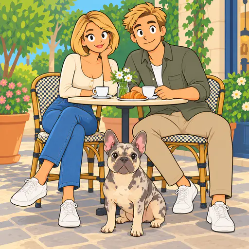 Flat-color cartoon of a couple and their French bulldog at an outdoor cafe table with simple outlines and bright flat colors.