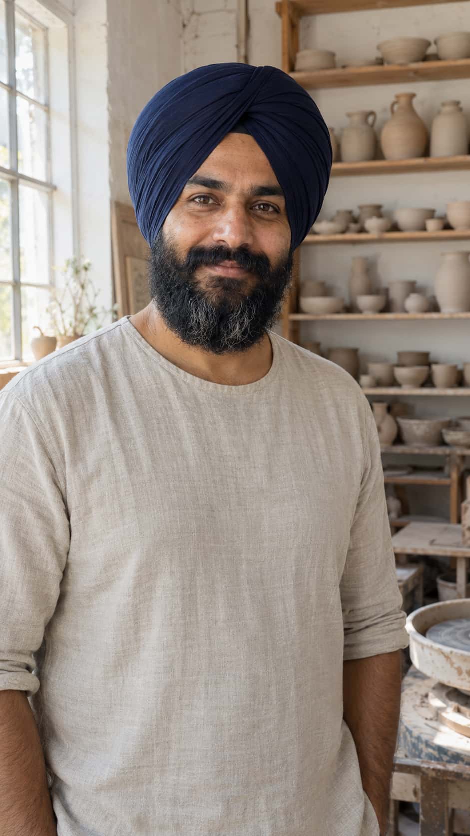 A man in his early forties with a full black beard and a neatly wrapped navy turban, in a plain oatmeal linen shirt in a bright pottery workshop with shelves of unglazed bowls and jugs and a potter's wheel.