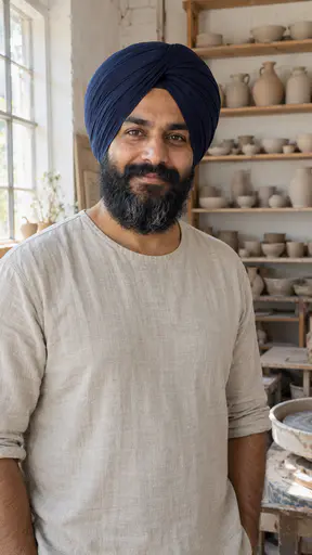 A man in his early forties with a full black beard and a neatly wrapped navy turban, in a plain oatmeal linen shirt in a bright pottery workshop with shelves of unglazed bowls and jugs and a potter's wheel.