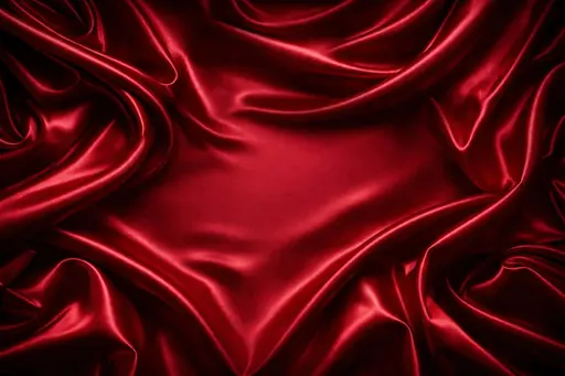 Wide 3:2 cinematic product photo of deep crimson silk arranged in sweeping folds with smooth texture, soft diffused highlights, and a flat central area for text overlay.
