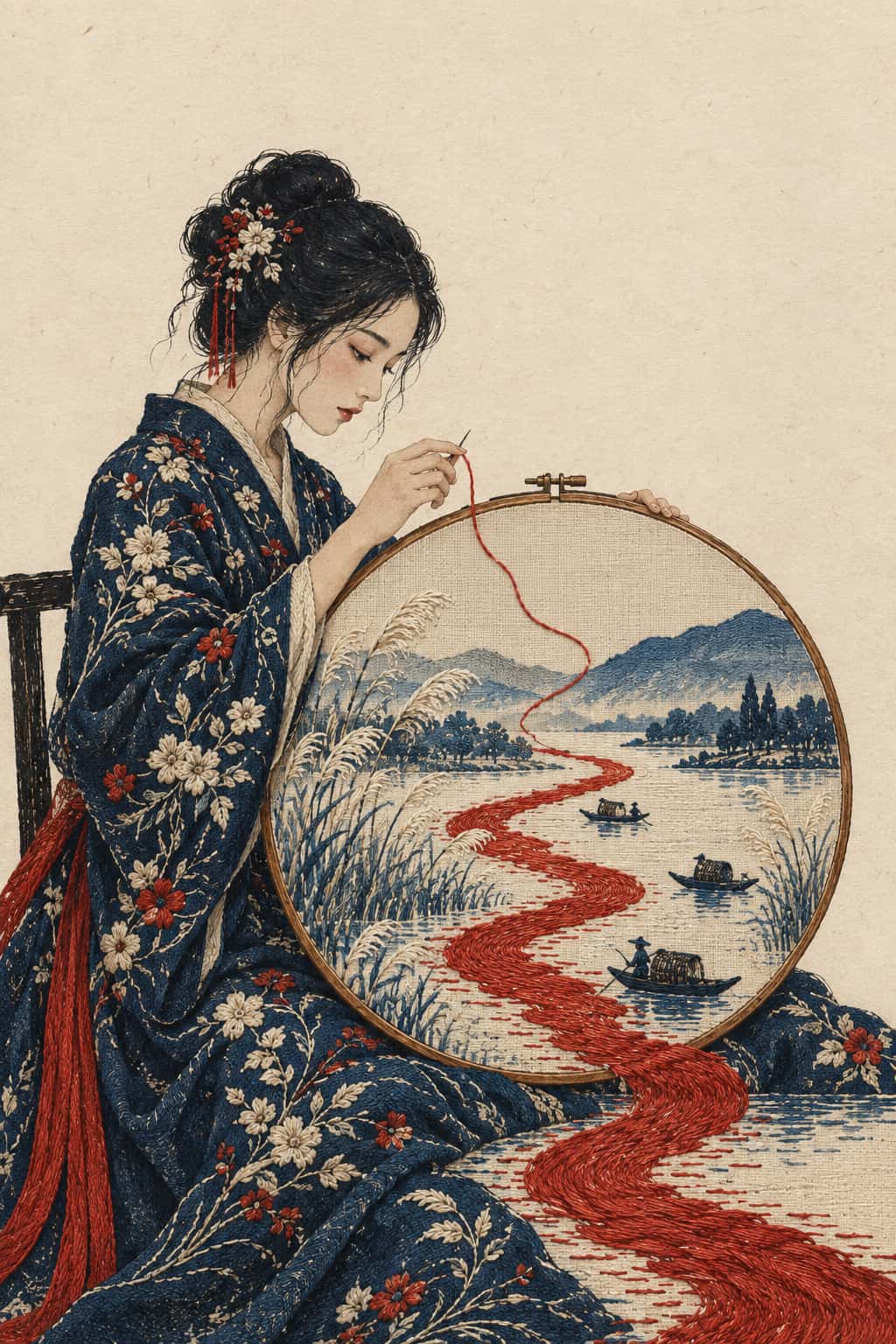 A textile performer sits behind a large embroidery hoop while one red silk thread continues into a river carrying three small stitched boats.
