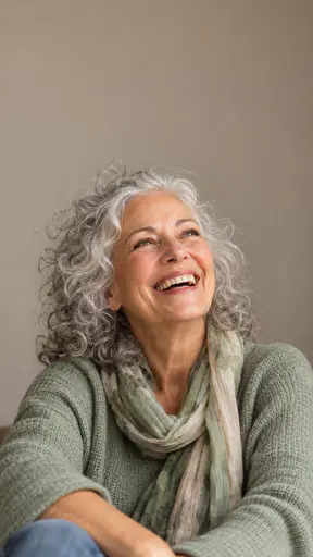A woman in her sixties with silver curly hair laughs with her head tipped back in a sage knit sweater and scarf against a plain warm taupe wall.