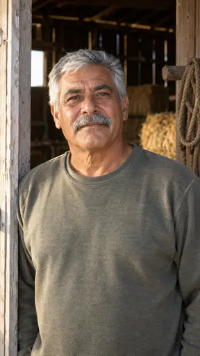 A weathered man in his early sixties with silver-grey hair, a thick grey moustache and deep tan skin, in a plain olive-grey sweater standing in a barn doorway with straw bales and a coil of rope behind him.