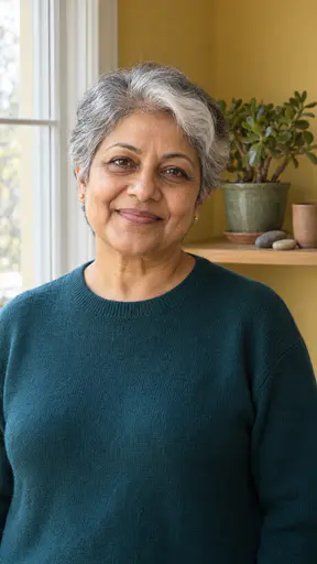 A woman in her mid fifties with short silver-grey hair and a wide white streak, small gold earrings and a deep teal sweater, smiling beside a tall window with a mustard wall and a potted jade plant on a shelf.