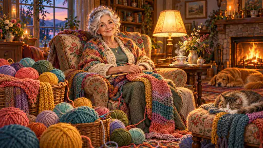 An elderly woman with silver hair sits in a cozy armchair taking a break from knitting with a sea of colorful woolen yarn balls and half finished scarves around her and a cup of tea.