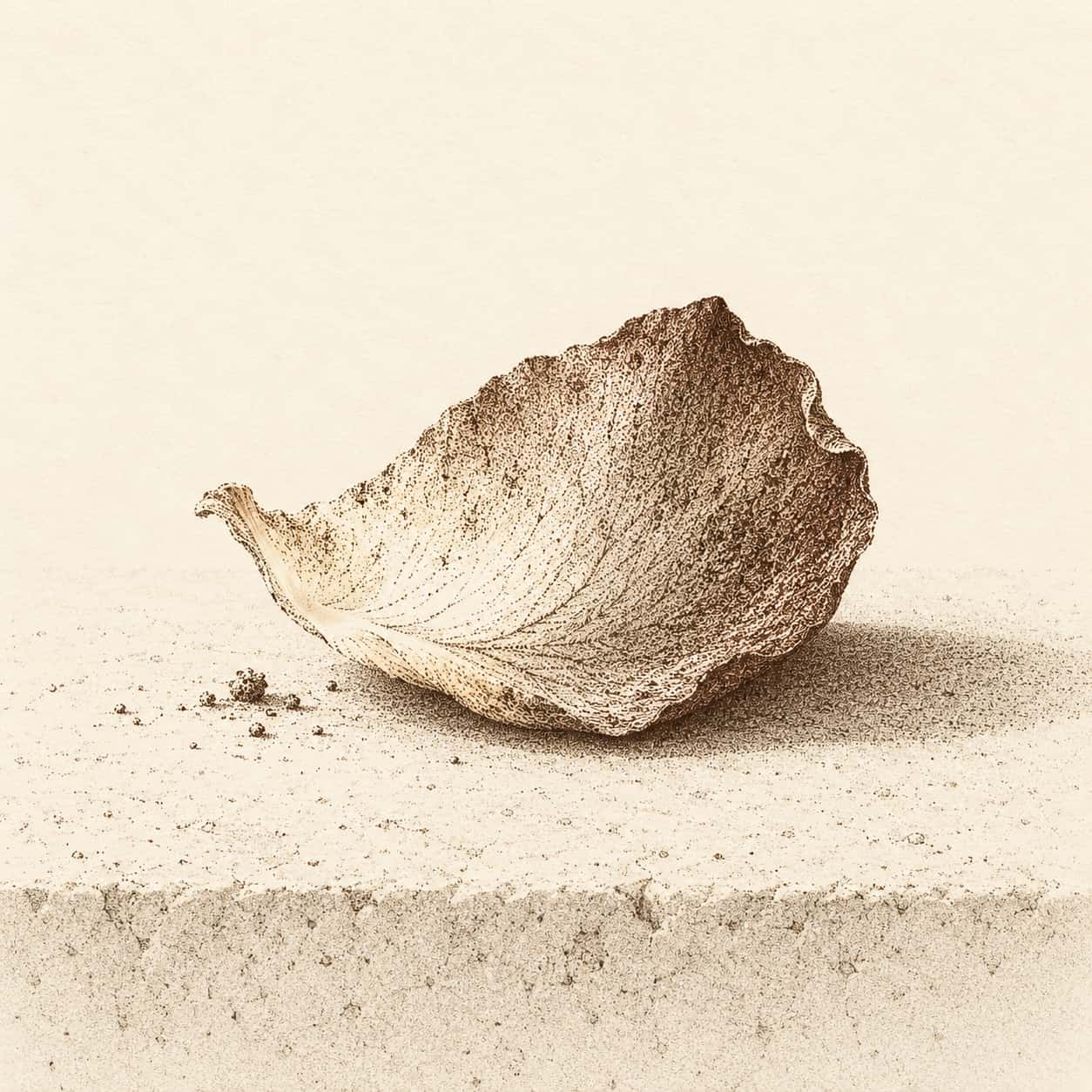 A single curved fallen rose petal lies alone on a plain stone ledge with a few pollen crumbs and a soft cast shadow in engraved dots and flicks.