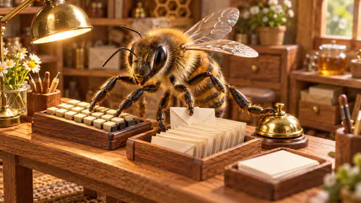 Busy bee: a single six-legged honeybee works a miniature workbench in bright task light, one leg pair tapping blank keys, the middle pair sorting tiny envelopes and the hind pair steadying a small brass desk bell, wood and paper blank and unlettered.