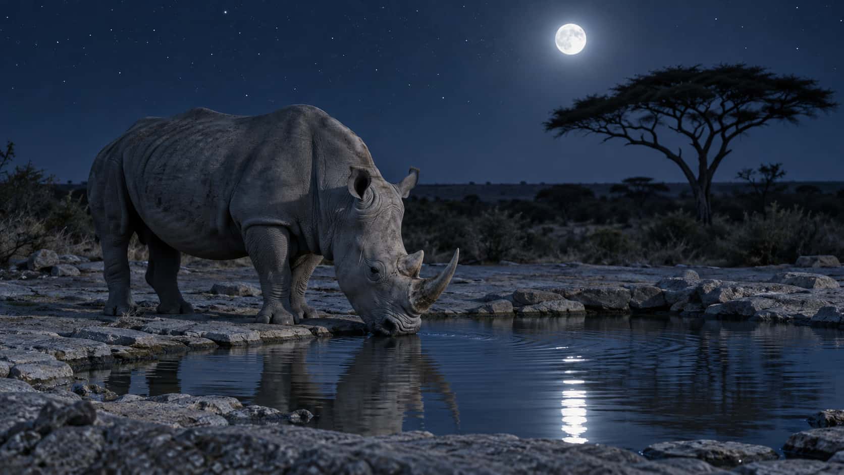 A single white rhino stands drinking at a shallow waterhole under a bright moon in cool blue night tones, the flat grey rim and pool silvered, an acacia silhouette against a deep blue starry sky.