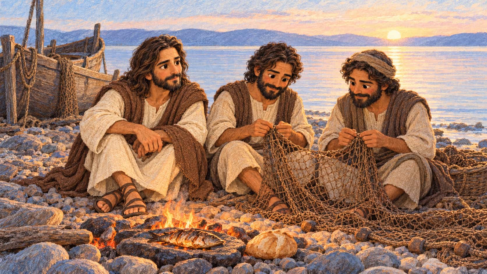 A figure in a linen tunic and brown mantle sits on a lake shore beside two fishermen mending a brown net near a small fire and a wooden boat under a pale dawn.