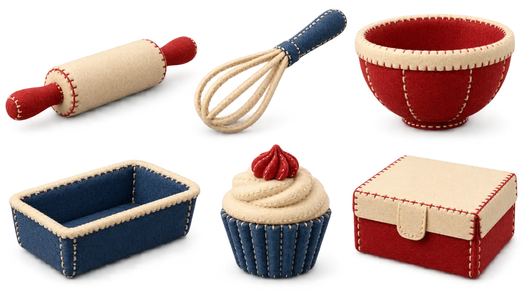 Six separate felt bakery objects, a rolling pin, a whisk, a mixing bowl, a loaf tin, a cupcake and a plain pastry box, with blanket stitching, are shown as a matching set on transparent alpha.