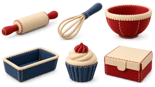 Six separate felt bakery objects, a rolling pin, a whisk, a mixing bowl, a loaf tin, a cupcake and a plain pastry box, with blanket stitching, are shown as a matching set on transparent alpha.