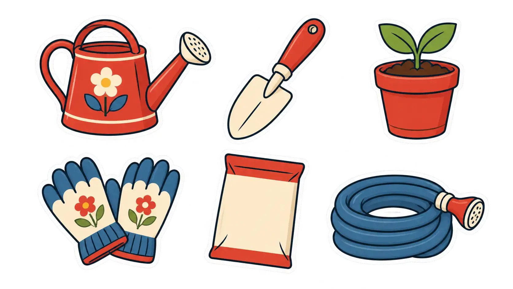 Six separate die cut garden stickers, a watering can, a trowel, a flowerpot with a sprout, gloves, a plain seed packet and a hose coil, each with a white contour are shown on transparent alpha.