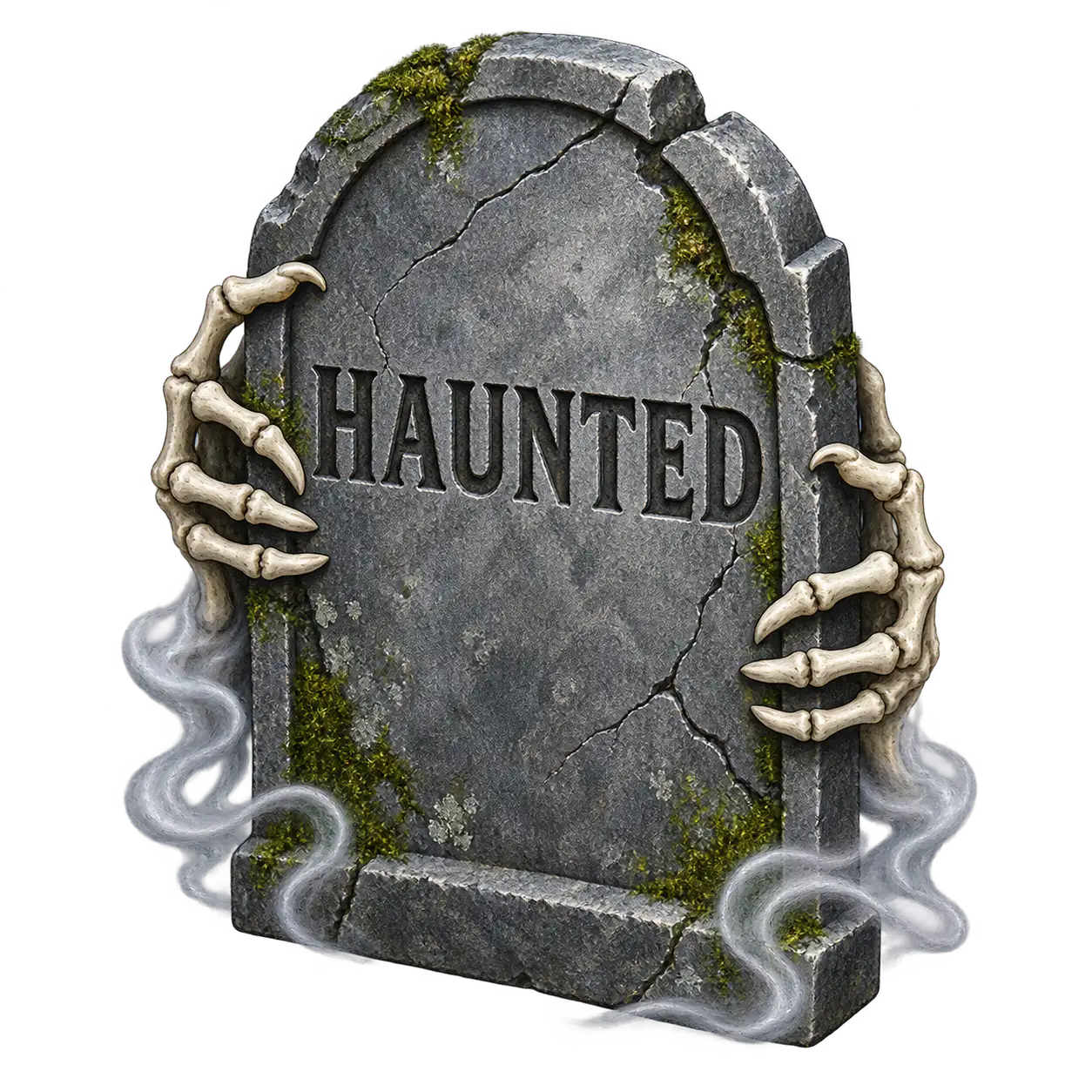 A cracked rounded-top gray tombstone engraved HAUNTED is gripped by two ivory skeletal clawed hands, with green moss and looping silver mist on transparency.