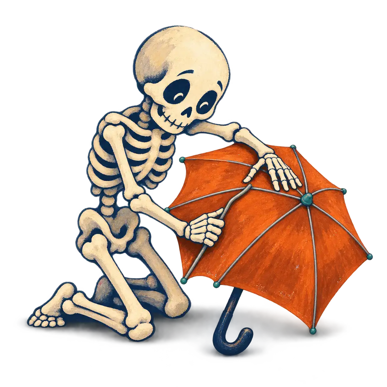 Gouache illustration of a friendly simplified skeleton kneeling and bending one crooked rib of an open burnt-orange umbrella back true, its long arm bones running parallel to the umbrella ribs; humorous halloween clipart isolated on transparency with a soft contact shadow.