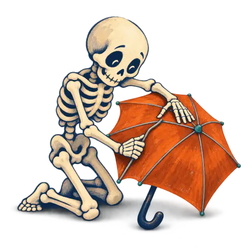 Gouache illustration of a friendly simplified skeleton kneeling and bending one crooked rib of an open burnt-orange umbrella back true, its long arm bones running parallel to the umbrella ribs; humorous halloween clipart isolated on transparency with a soft contact shadow.