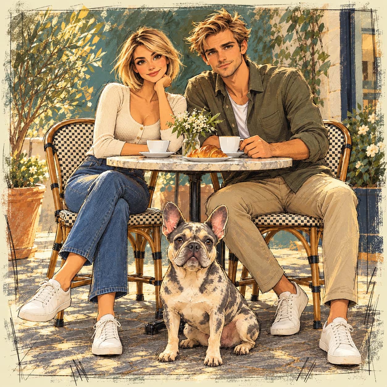 Animated concept-art cafe scene of a couple and their French bulldog drawn with scratchy ink contours over a painted slate-blue backdrop.