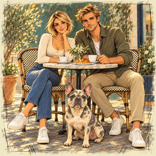 Animated concept-art cafe scene of a couple and their French bulldog drawn with scratchy ink contours over a painted slate-blue backdrop.