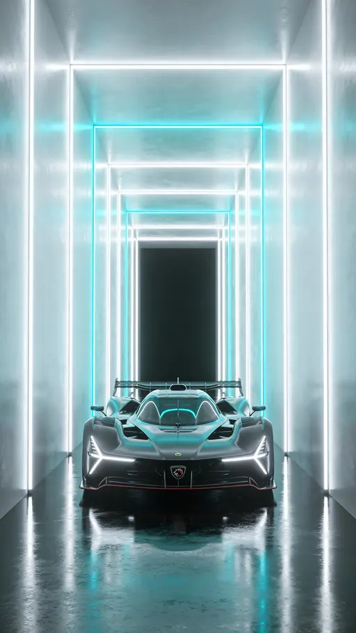 A sleek race car centered in a glowing rectangular light tunnel within a vertical 9:16 studio frame, with soft white and cyan panels creating infinite depth and a glossy reflective floor.