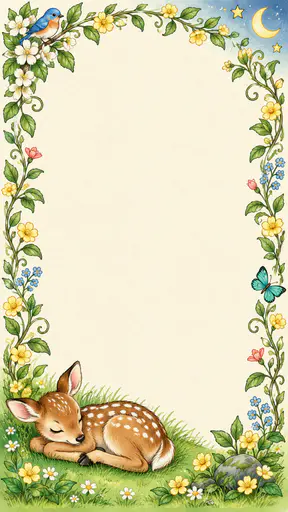 A tall cream storybook card background with a curling vine border of leaves and small yellow, pink and blue flowers, a bluebird at the upper left, a crescent moon and stars at the upper right, a spotted fawn asleep with its head on its folded front legs at the lower left, a teal butterfly on the right and a large empty cream centre.
