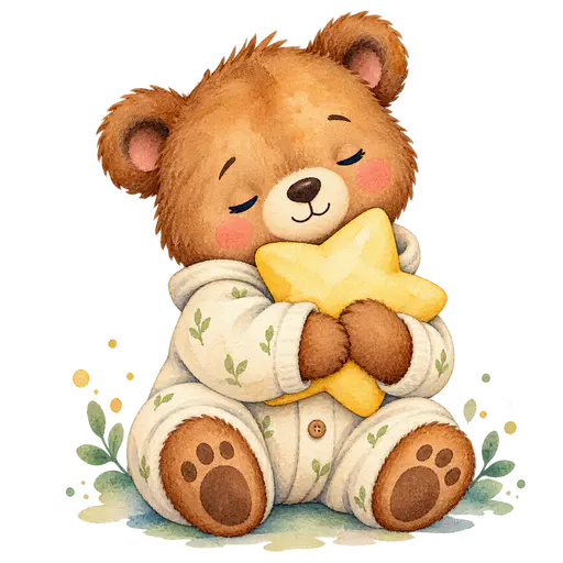 A watercolor baby bear with its eyes closed in a cream onesie with small leaf prints sitting upright and hugging a yellow star-shaped pillow, with a few leaves and dots at its feet, on a transparent background.
