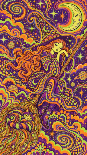 A cute witch in a pointed hat dozes off on her broomstick with her head tilted and eyes closed and her cat curled in the bristles drifting through a starry night sky past a crescent moon.