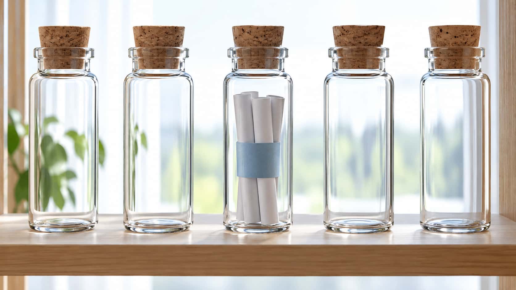 A slim clear glass vial with a cork stopper on a pale wooden shelf holds a neat roll of blank paper letters bound with a plain pale blue paper band, three letters visible, in bright diffused backlight.