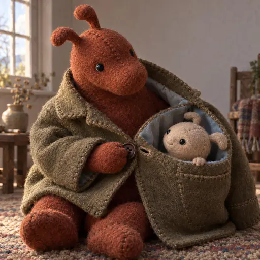 A stop-motion style felt puppet photograph of two original cloth creatures sharing one oversized coat; the taller brick-coloured creature pinches the last button at its buttonhole while the smaller mushroom-beige creature peeks from a stitched inner pocket with one paw on the rim.